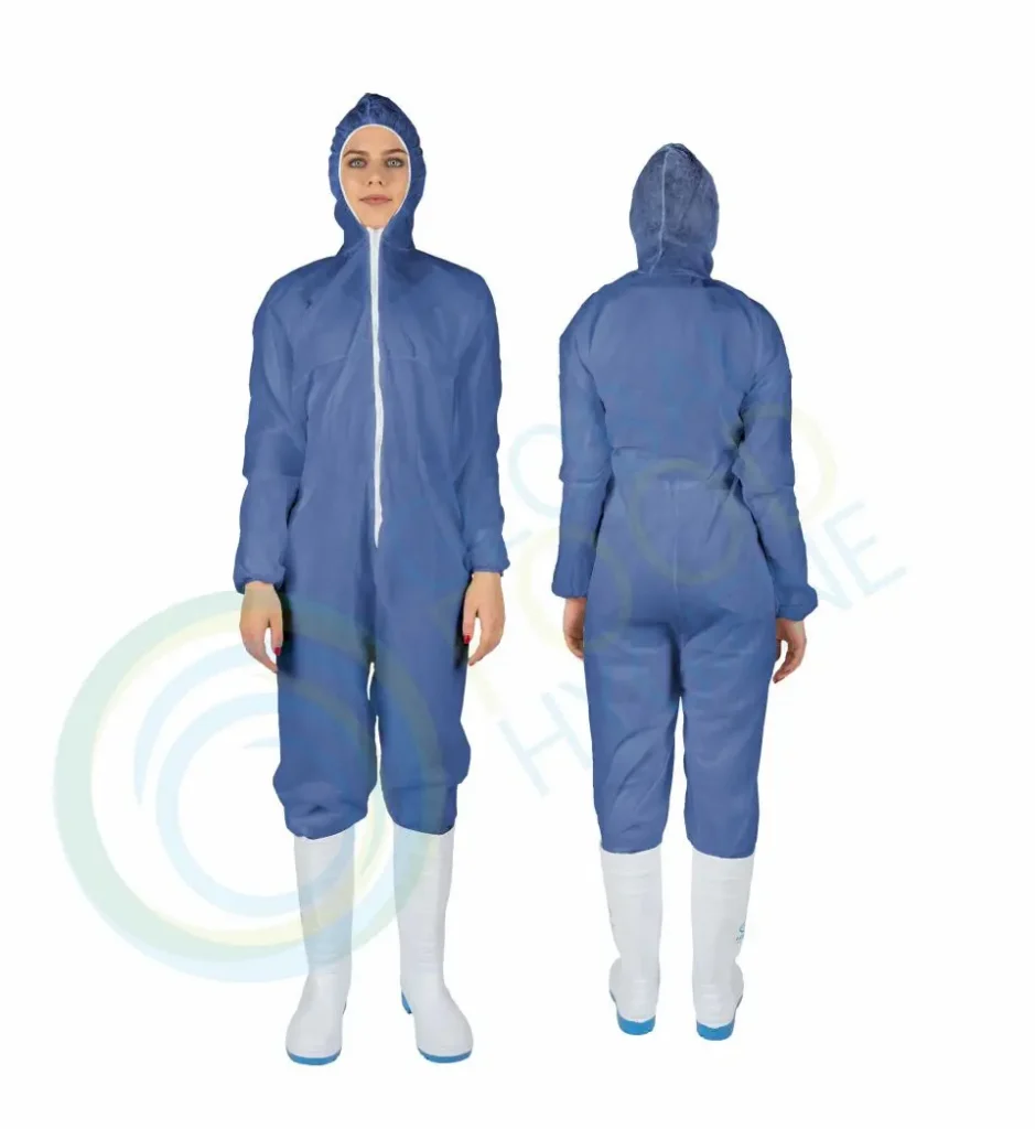 person wearing blue hazmat suit